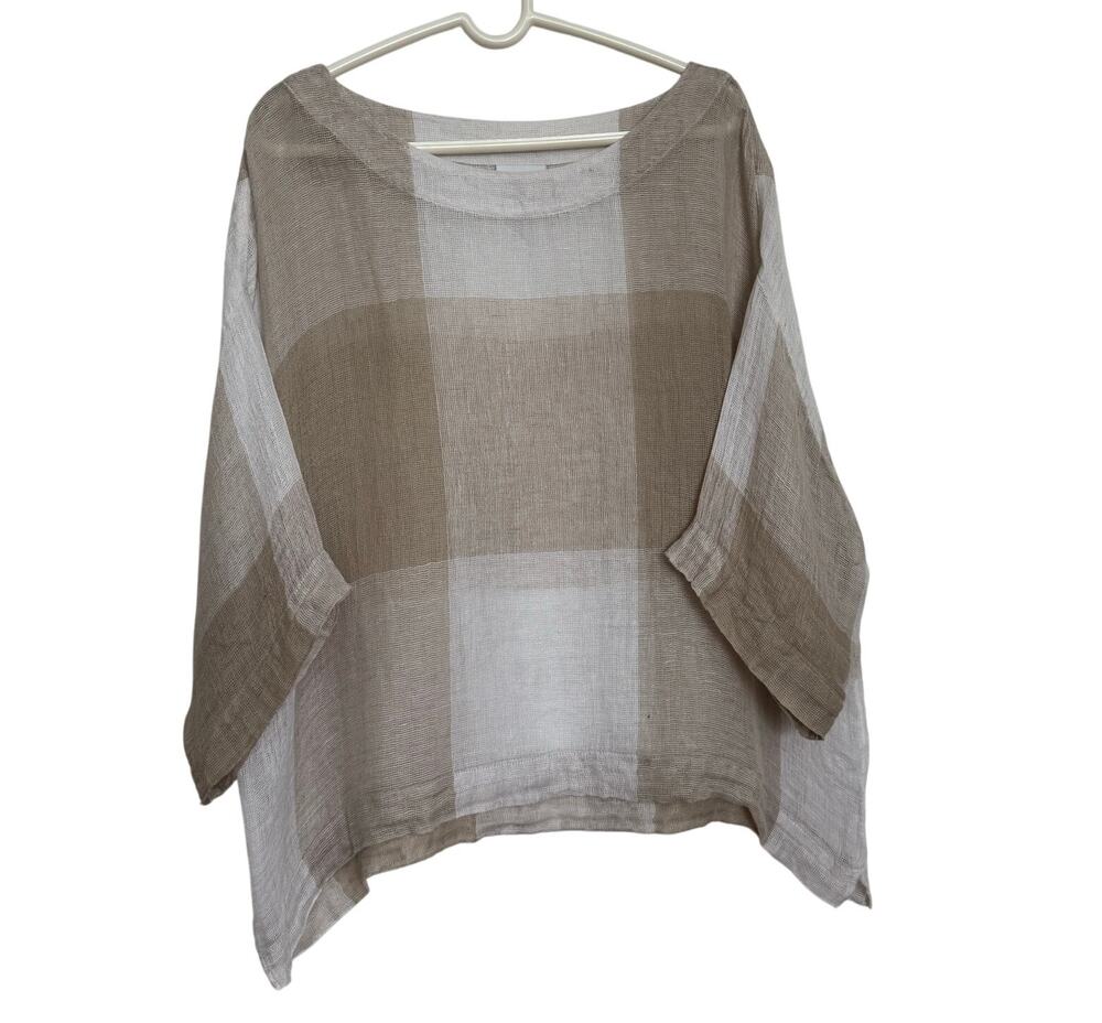 Pure J Jill Linen Airy Weave woven Top Tan white Boxy Lagenlook Coastal Boho L